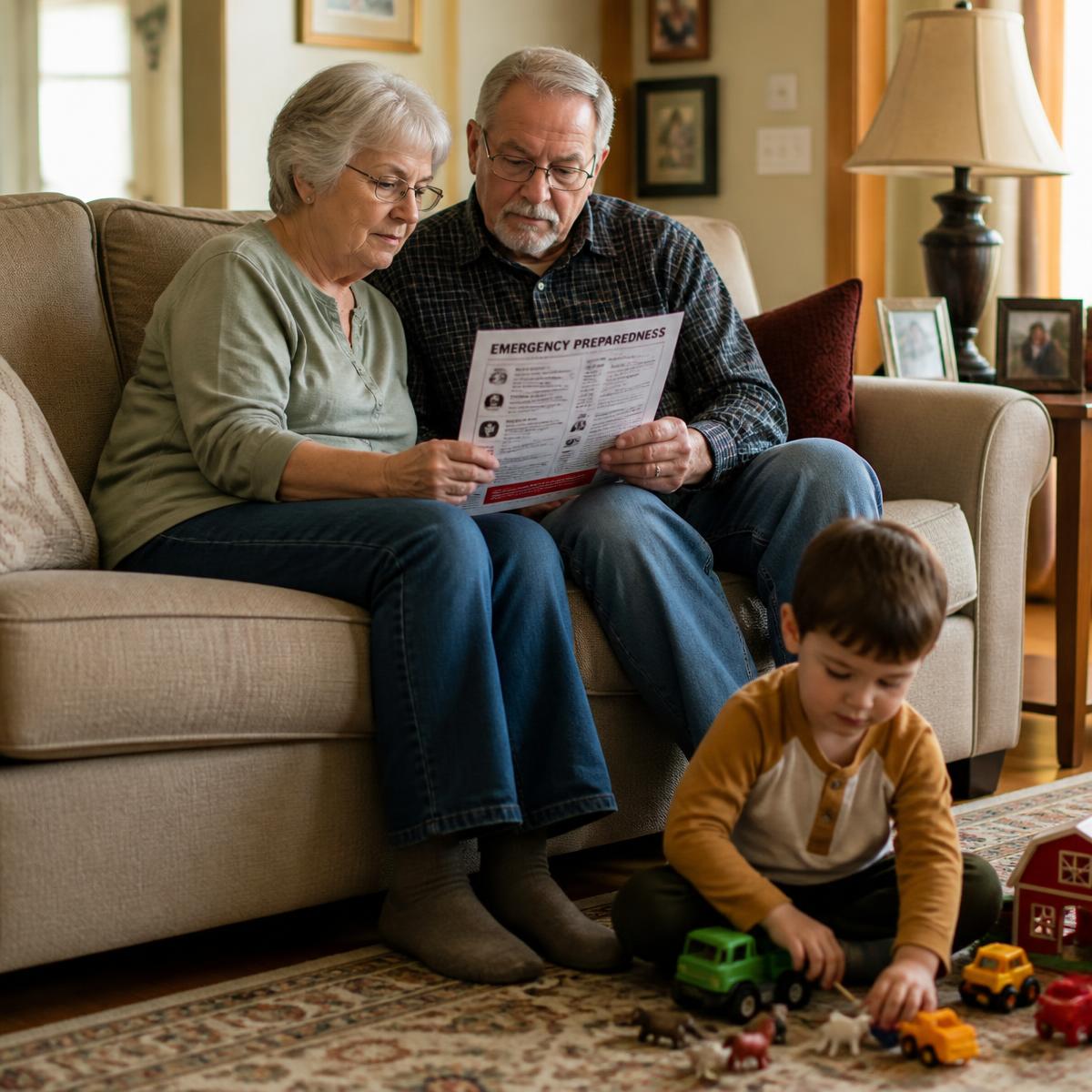 Grandparents reviewing a child emergency information sheet at home