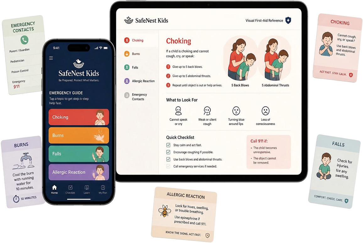 SafeNest Kids emergency preparedness resources shown on phone and tablet